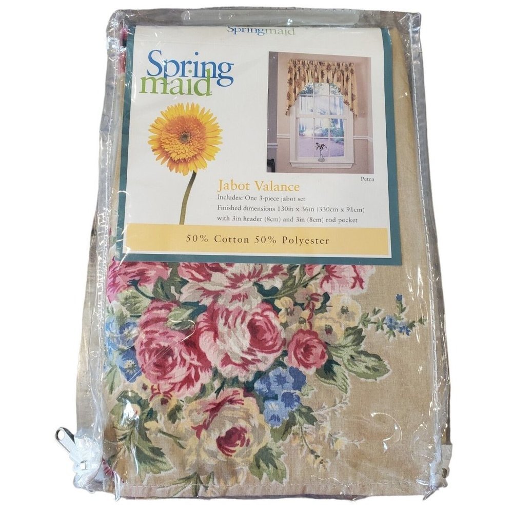 Springmaid 3 Piece Jabot Valance Set 130"x 36" Cream‎ Country Roses Pink Blue